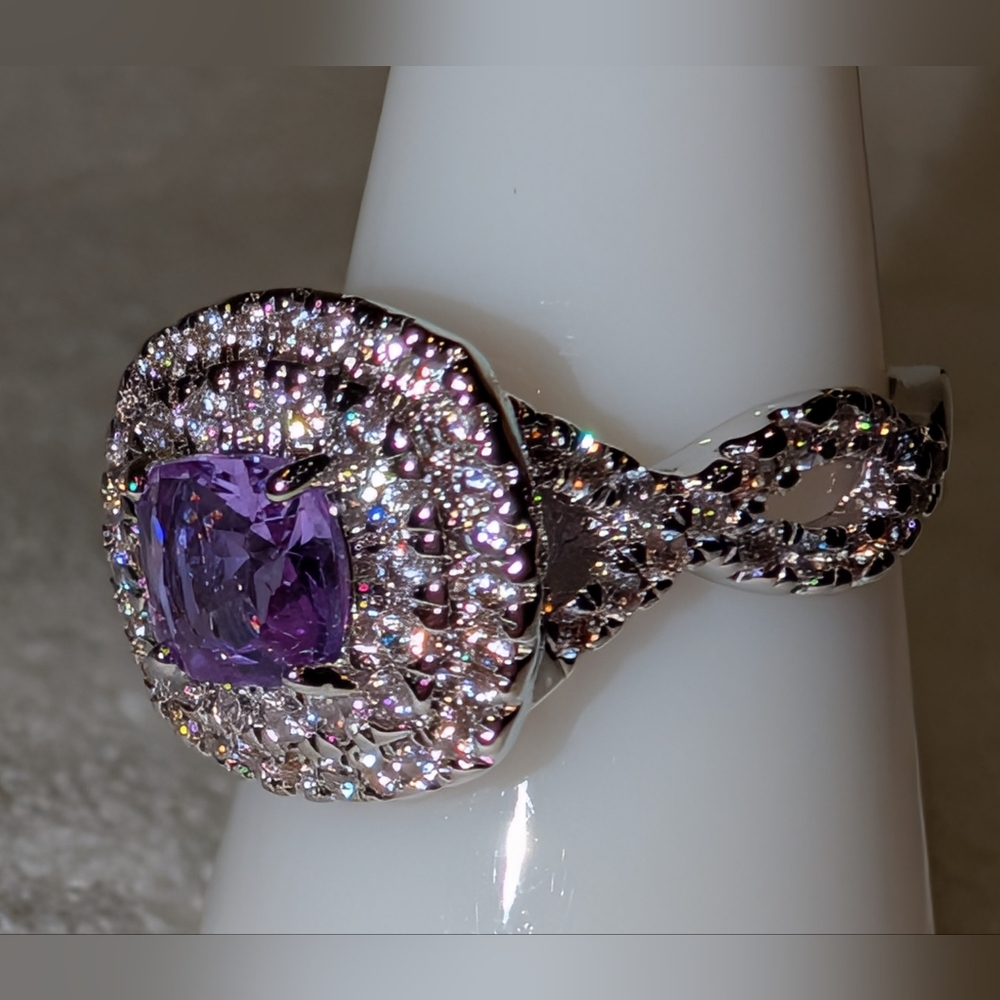 *BP #2466 - Amethyst & White Topaz (lab) Rhodium Size 7.25 Ring BRAND NEW - Picture 3 of 4